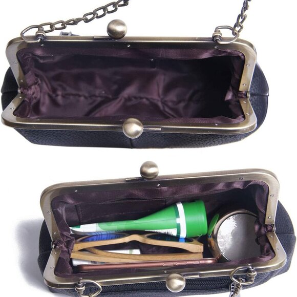 Women PU Leather Kiss Lock Clutch with Chain Strap Evening Shoulder Bag - Picture 4 of 6